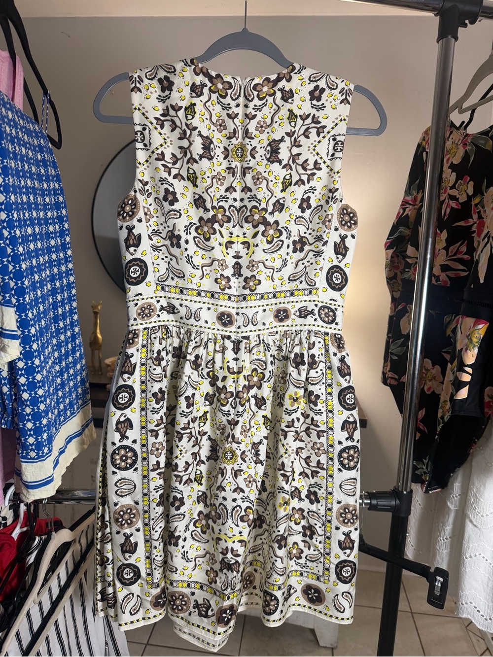 Tory Burch Sleeveless Floral Fit & Flare Dress - White & Brown Yellow Accents 2 - Picture 2 of 8